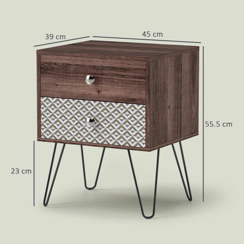 HOMCOM 2-Drawer Bedside Table, Boho Wooden Nightstand Storage Unit, Bedside Cabinet with Steel Frame, Sofa End Side Table for Living Room, Bedroom, Small Space, Rustic Brown