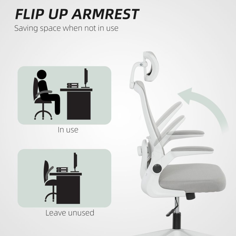 HOMCOM Executive Office Chair, Ergonomic Mesh High Back Desk Chair with Flip-up Armrest, Adjustable Lumbar Support, Rotatable Headrest, Grey