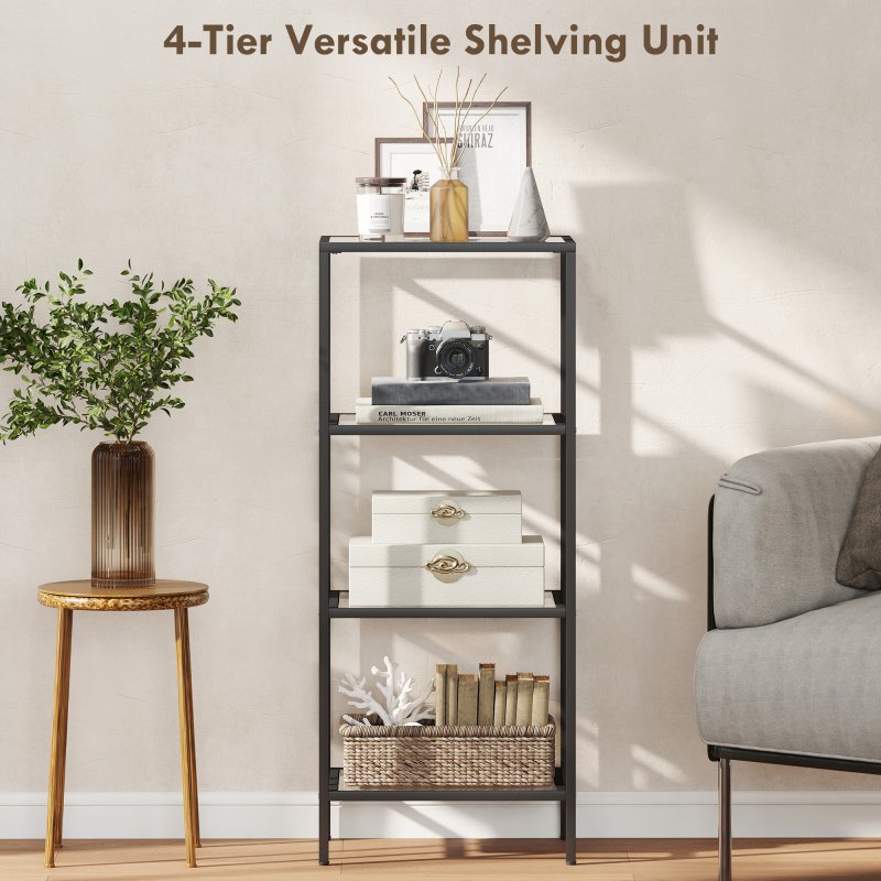 HOMCOM 4-Tier Shelving Unit, Modern Glass Shelf, Bookshelf, Storage Rack for Living Room, Home Office, Bedroom, Bathroom, 40 x 30 x 97 cm, Black