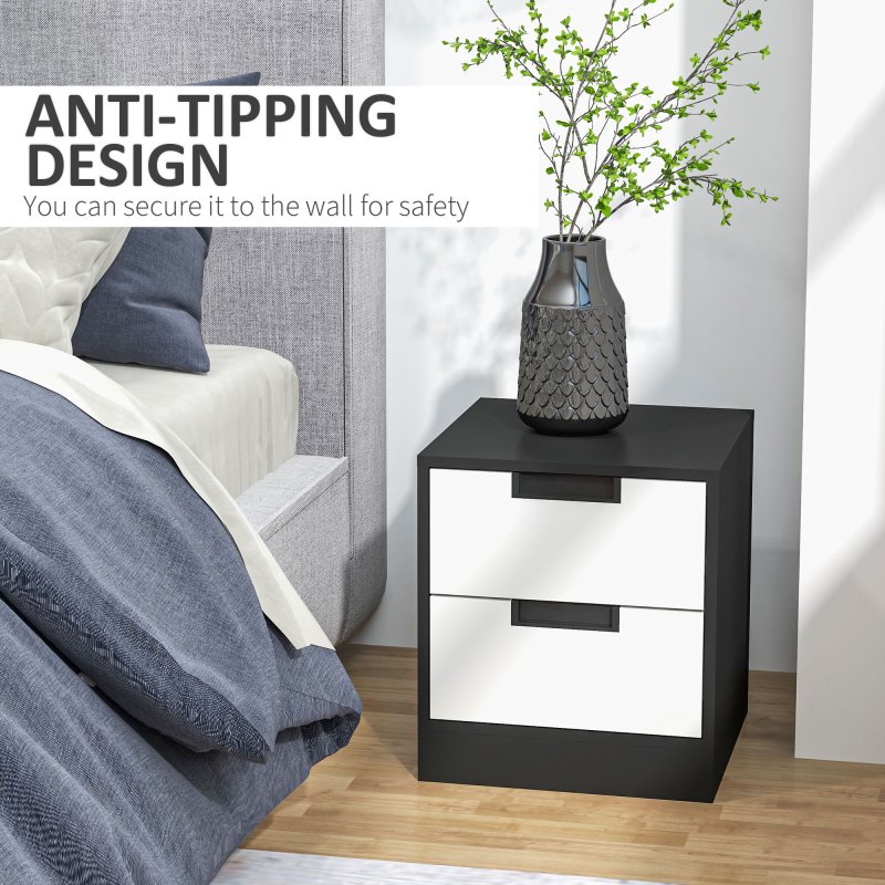 HOMCOM Bedside Tables Set of 2, Nightstands with 2 Drawers, Modern Bedside Cabinets with Storage for Bedroom, Living Room, White and Black