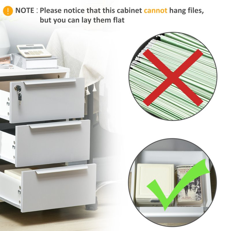 HOMCOM 3-Drawer Lockable Filing Cabinet, File Cabinet on Wheels, Mobile Office Storage Drawers for Home Office, Bedroom and Living Room