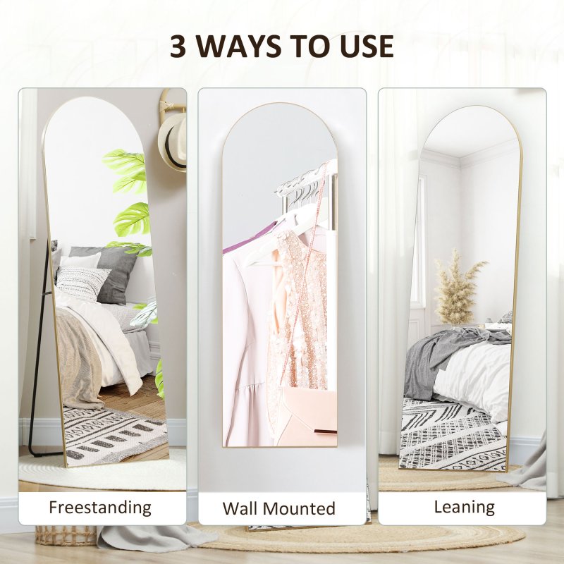 HOMCOM Arched Full Length Mirror, 50 x 150cm Wall Mounted, Leaning, Free Standing Mirror, Frameless Full Body Mirror for Living Room, Bedroom, Gold Tone