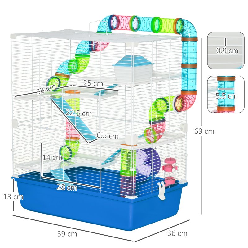 PawHut 5 Tier Hamster Cage, Gerbil Cage with Tube, Water Bottle, Exercise Wheel, Food Dish, 59L x 36W x 69H cm - Blue