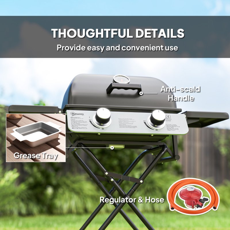 Outsunny Foldable Gas BBQ with Side Tables, 2 Burner Portable Gas Barbecue Grill with Thermometer Lid Grease Tray Wheels, Folding Trolley for Garden Party Camping Picnic Outdoor Cooking, 5.6KW, Black