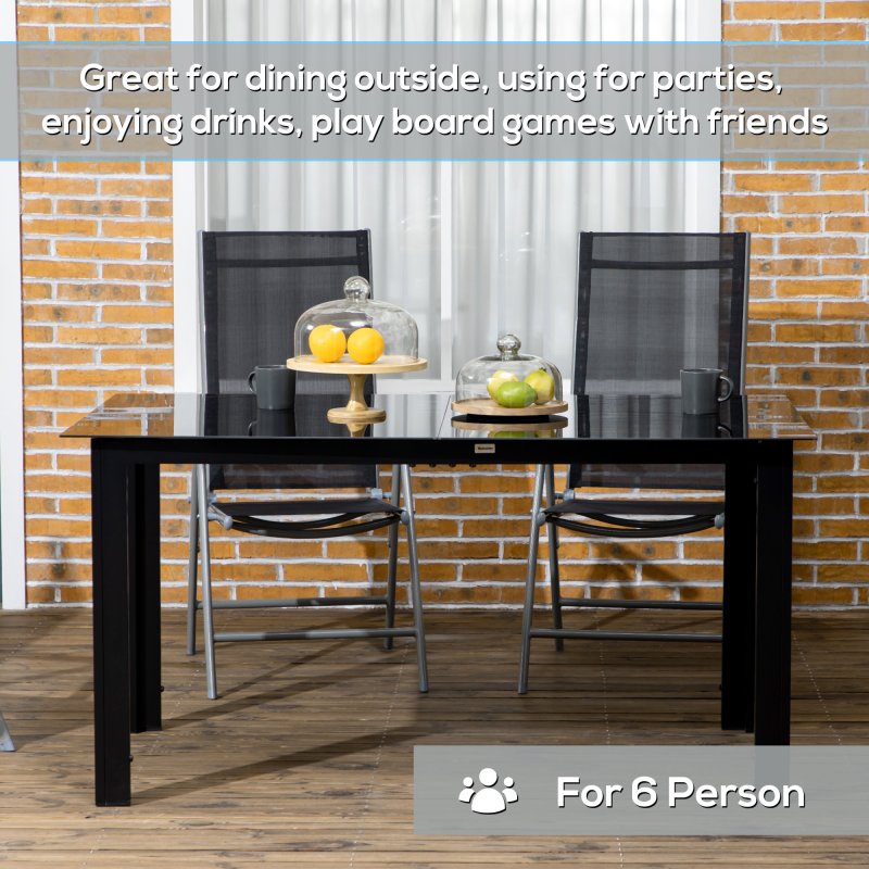 Outsunny Outdoor Dining Table for 6, Aluminium Rectangular Garden Table with Tempered Glass Tabletop for Yard, Deck, Patio, 150 x 90 x 74 cm, Black