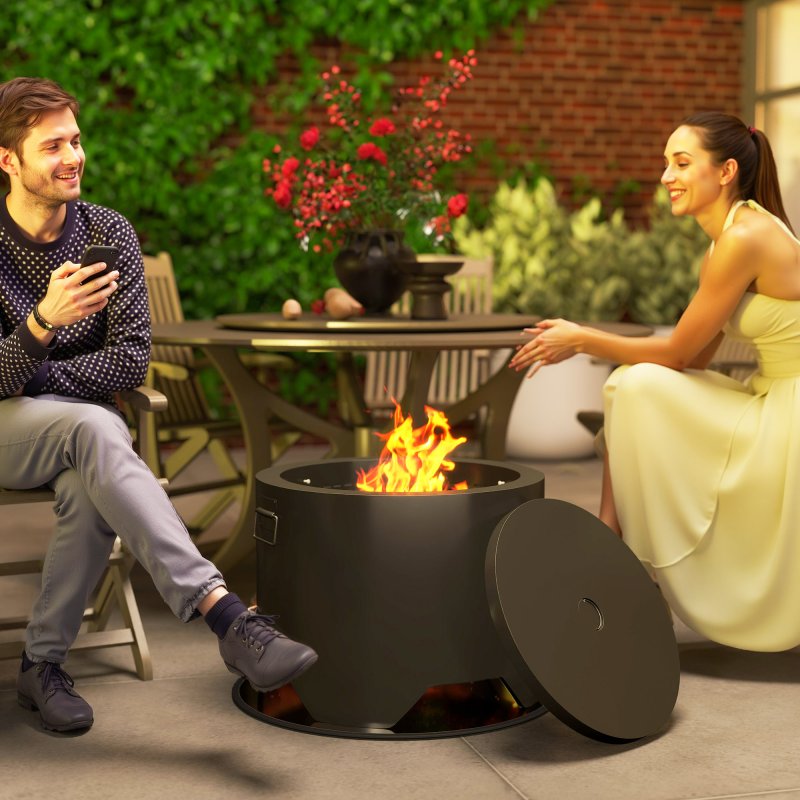 Outsunny Outdoor Round Fire Pit with Lid, Wood Burning Firepit with Fire Poker and Floor Mat for Patio Bonfire BBQ Camping, Black