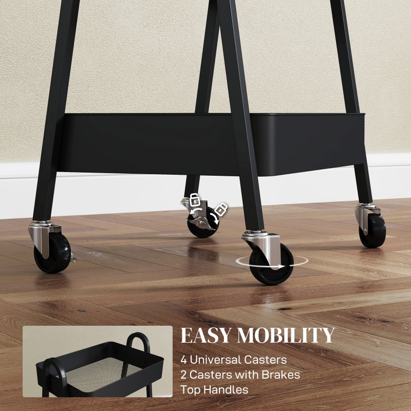 HOMCOM 3-Tier Storage Trolley on Wheels, Rolling Utility Cart with Handles, Mobile Kitchen Storage Cart for Living Room, Dining Room, Bedroom, Bathroom