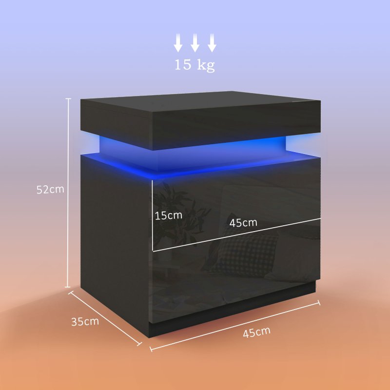 HOMCOM High Gloss Front Bedside Table, Nightstand with RGB LED Light and 2 Drawers, Chest of Drawers for Bedroom, Living Room, Black
