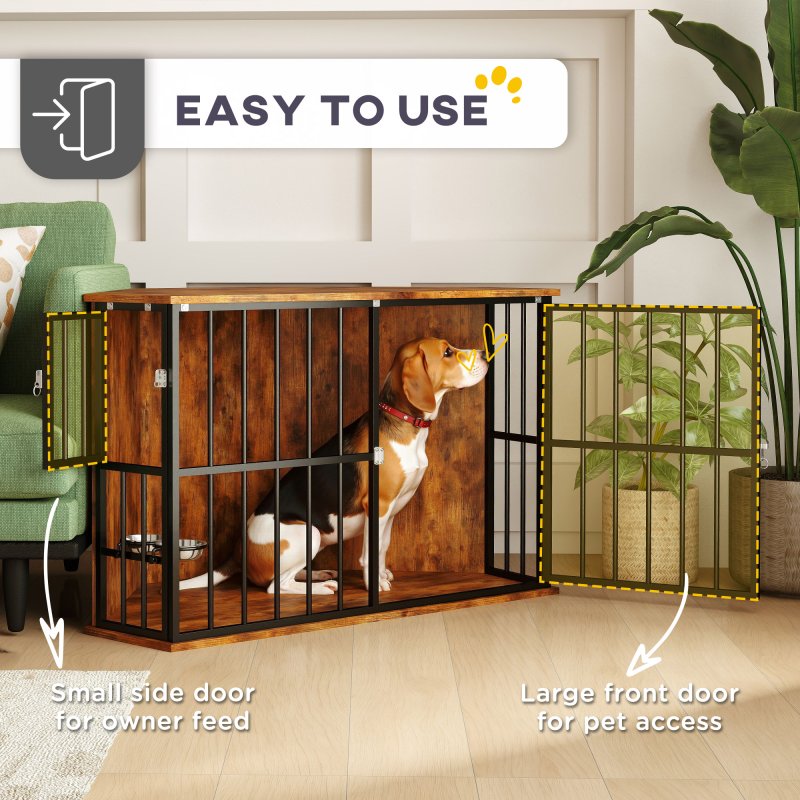 PawHut Corner Dog Crate Furniture, Dog Kennel Side End Table TV Stand with Two Bowls, Feeding Door, for Small, Medium Breeds, Rustic Brown