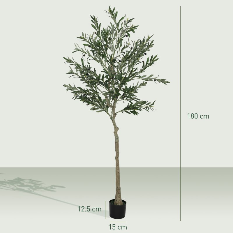 HOMCOM Set of 2 6ft/ 180cm Decorative Artificial Plant, Silk Olive Tree with 900 Leaves and 40 Olive Fruits in Pot, Fake Plant for Home, Office, Living Room, Indoor Decor