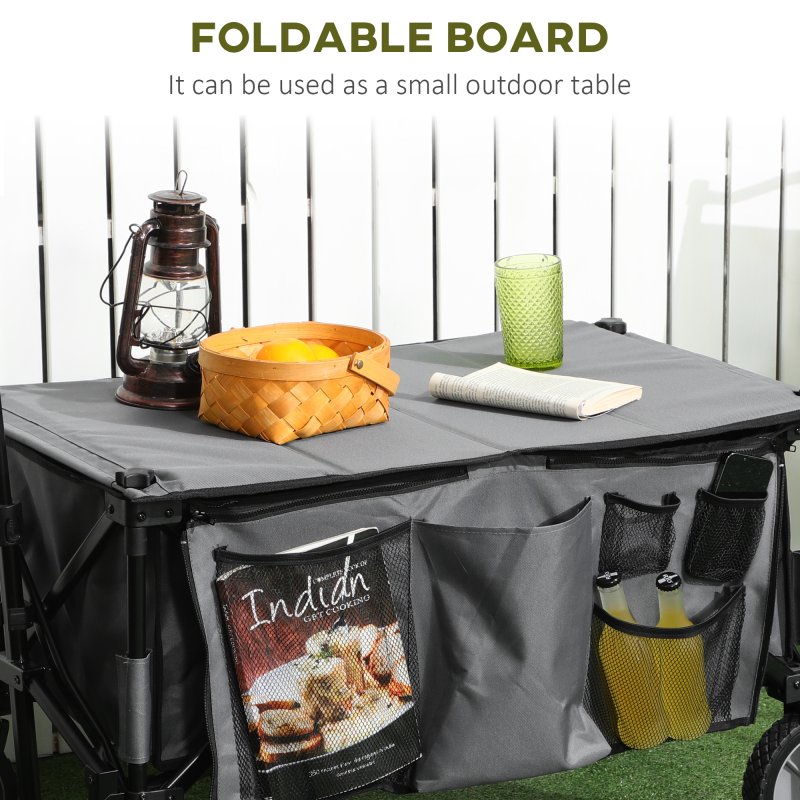 Outsunny Folding Garden Trolley, Cargo Trailer on Wheels, Collapsible Camping Trolley with Folding Board, Outdoor Utility Wagon with Steel Frame and Oxford Fabric, Dark Grey