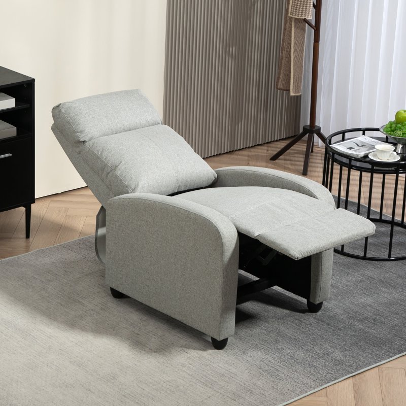HOMCOM Push Back Recliner Armchair, Linen Fabric Reclining Chair with Adjustable Leg Rest, Single Padded Seat Sofa Lounge for Living Room, Bedroom, Light Grey