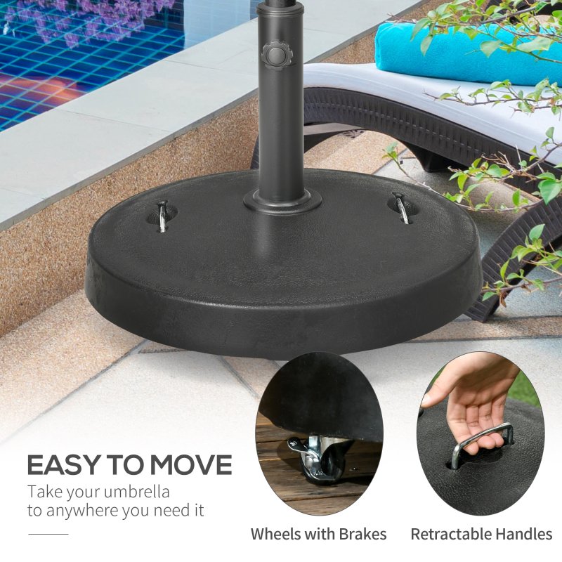 Outsunny 23.5kg Resin Garden Parasol Base with Wheels and Retractable Handles, Round Outdoor Market Umbrella Stand Weight for Poles of 38mm to 48mm, Black