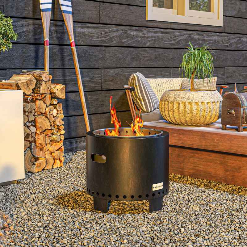 Outsunny Smokeless Fire Pit, 45cm Portable Wood Burning Firepit with Poker, Stainless Steel Liner for Garden Camping Bonfire Party, Metal, Black