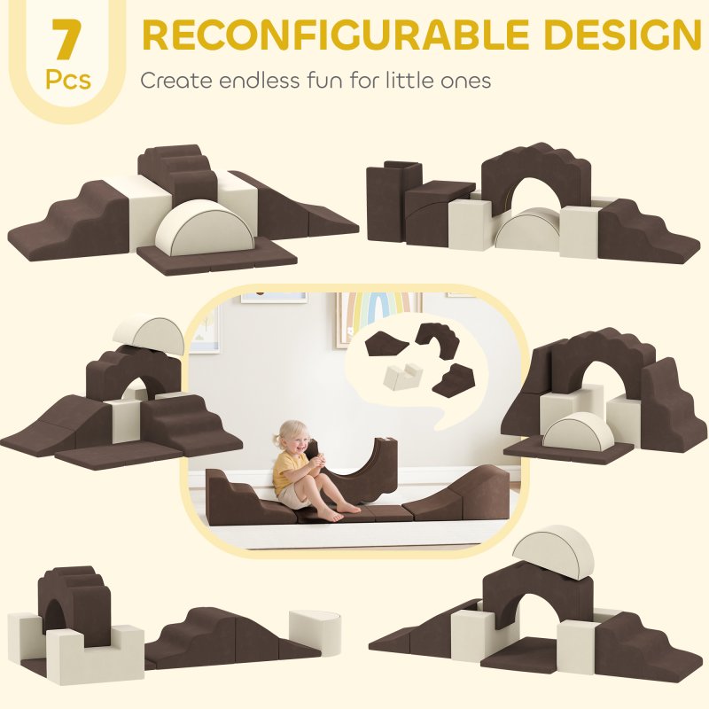 AIYAPLAY Kids Soft Play Set, 7 Piece Foam Climbing Blocks with Detachable Cover, Baby Indoor Climb and Crawl Foam Play Set for Toddlers, Preschoolers, Brown