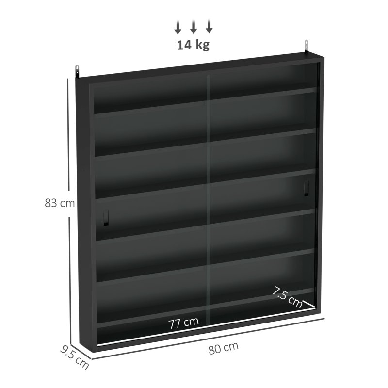 HOMCOM 7-Tier Wall Mounted Display Cabinet, Display Case with 6 Adjustable Shelves, Glass Doors for Home Office Ornaments 83x80cm, Black