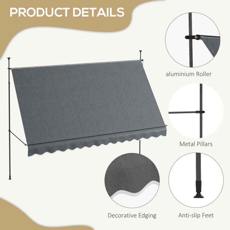 Outsunny 3.5 x 1.2m Free Standing Retractable Awning, Non-Screw Patio Sun Shade Shelter with Support Pole Stand and UV Resistant Fabric, for Window, Door, Porch, Deck, Dark Grey