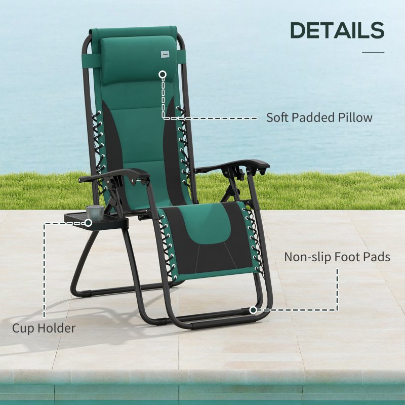 Outsunny Zero Gravity Lounger Chair Set of 2, Folding Reclining Patio Chair with Padded Seat, Cup Holder, Soft Cushion and Headrest for Poolside, Camping, Green