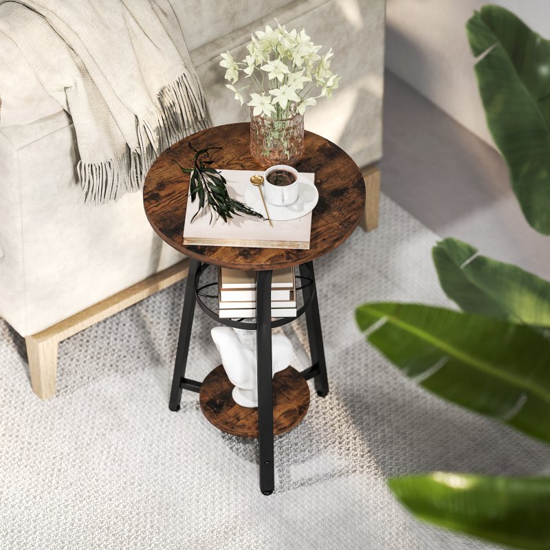 HOMCOM Small Round Side Table for Narrow Space, 3-Tier End Table with Storage Shelves, Industrial Nightstand for Living Room, Bedroom, Rustic Brown