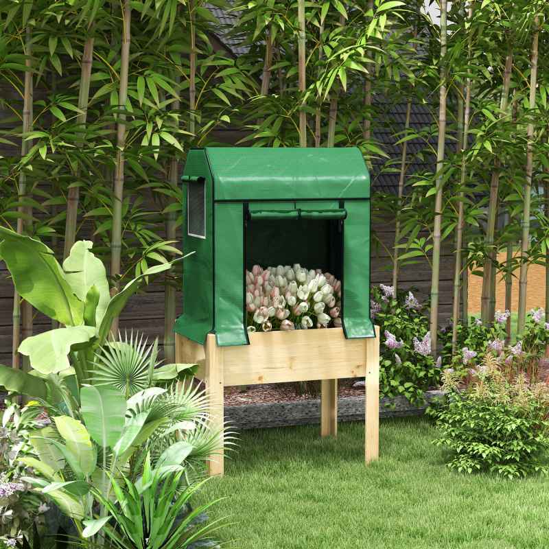 Outsunny Wooden Raised Planter with Plastic Greenhouse Cover and Bed Liner, Elevated Garden Bed for Vegetables, Flowers, Herbs, 86 x 60 x 165cm, Green