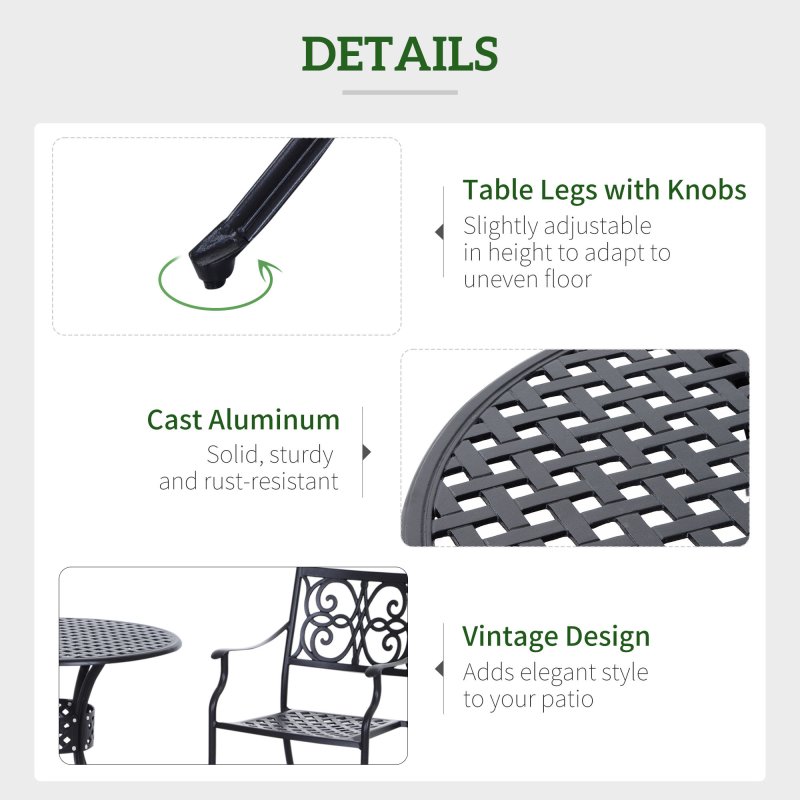 Outsunny 85cm Round Garden Dining Table with 46.5mm Dia. Umbrella Hole, Cast Aluminium Outdoor Dining Table, Grid Motif Outdoor Table for Garden, Patio, Porch, Black
