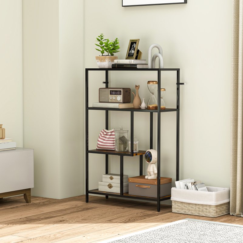 HOMCOM 4-Tier Bookshelf, Industrial Bookcase with Metal Frame, Storage Shelving Unit, Freestanding Shelves for Home Office, Study, Living Room, Bedroom, Rustic Brown