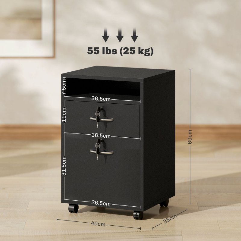 HOMCOM 60cm Filing Cabinet with Drawer, Open Shelf, Metal Handles and 4 Wheels, Office Home Organiser Mobile Printer with Two Locks