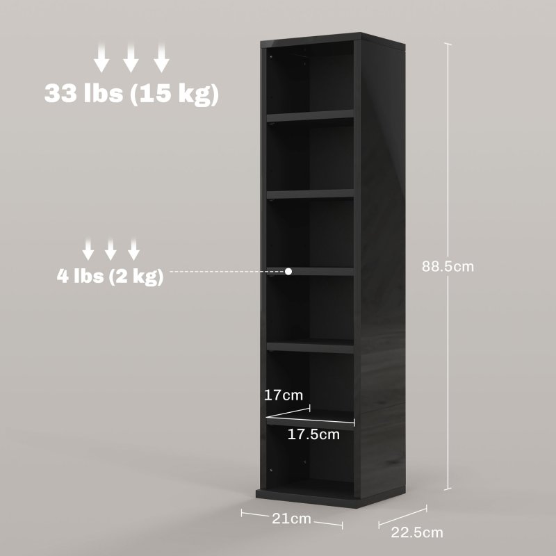 HOMCOM 204 CD Media Display Shelf Unit Set of 2 Blu-Ray Tower Rack w/ Adjustable Shelves Bookcase Storage Organiser, High Gloss Black