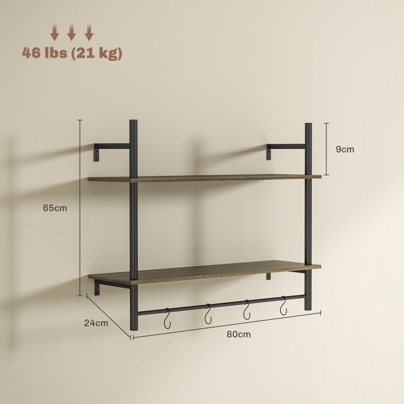 HOMCOM Floating Shelves, 80CM Wall Mounted Shelf with 4 Hooks, Rustic Wood Display Shelf for Living Room, Entryway, Bedroom, Grey