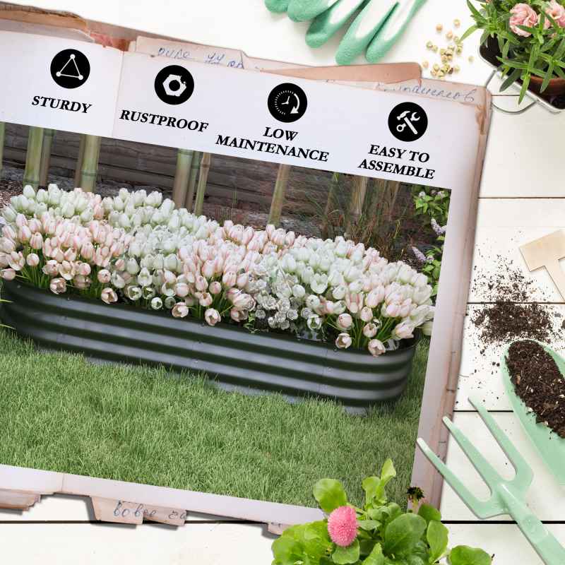Outsunny Galvanised Raised Beds for Garden, Metal Elevated Planter Box with Safety Edging, Easy DIY for Growing Flowers, Herbs, Succulents, 150 x 62 x 30cm, Dark Grey