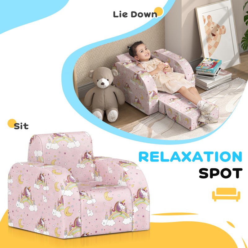 AIYAPLAY Kids Armchair, 2 in 1 Foldable Toddler Chair, Soft Snuggle Sponge Filled Recliner, for Bedroom Playroom Living Room, for Boys & Girls 18 Months to 3 Years - Pink