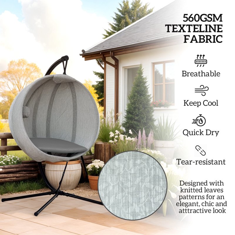 Outsunny Hanging Egg Chair Outdoor Indoor Garden Swing Chair with Folding Basket, Garden Hanging Chair with Stand, Thickened Cushion, Cup Holder for Patio, Balcony, Grey