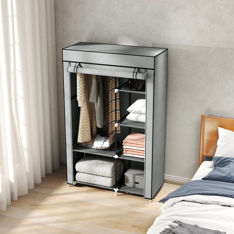 HOMCOM Fabric Wardrobe, Portable Wardrobe with 6 Shelves, 1 Hanging Rail, Foldable Closets, 103 x 43 x 162.5 cm, Light Grey