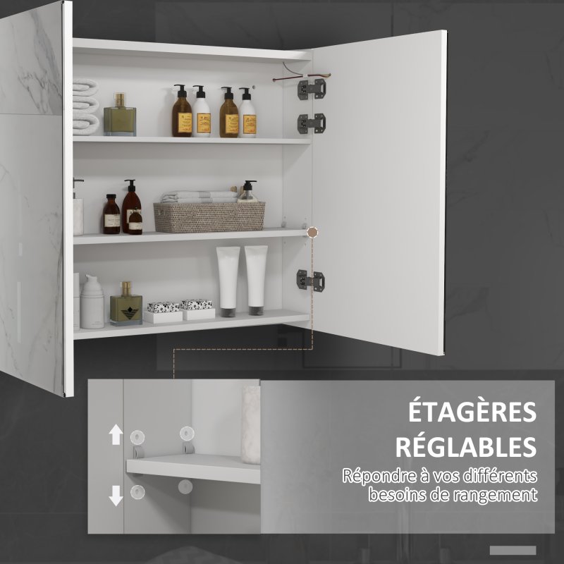 kleankin LED Lighted Bathroom Mirror Cabinet, Wall Mounted Bathroom Storage Cupboard with Adjustable Shelf, USB Powered, 90W x 15D x 70Hcm, High Gloss White