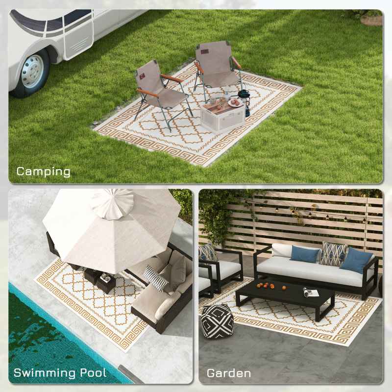 Outsunny Reversible Outdoor Rug with Carry Bag, Waterproof Plastic Straw Mat for Garden, Deck, RV, Picnic, Beach, Camping, 182 x 274cm, Brown and Cream