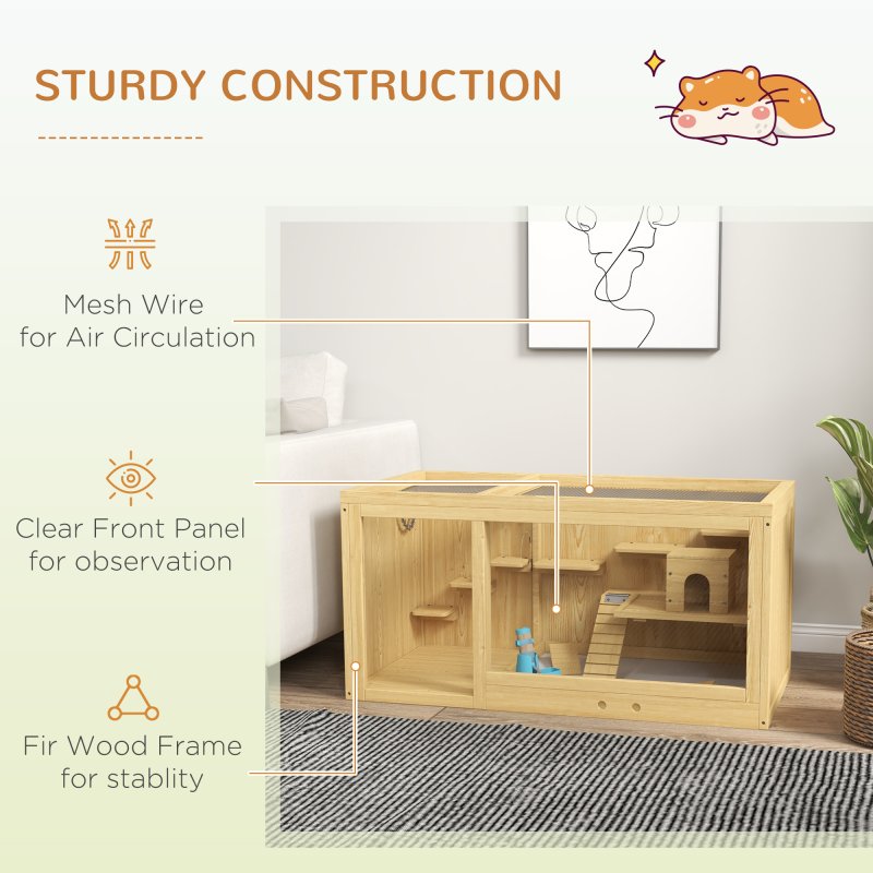 PawHut Wooden Hamster Cage with Water Bottle, Small Animal Exercise Play House with Platforms, Openable Roof, Sliding Tray, Hut, Seesaws, Natural Wood Finish