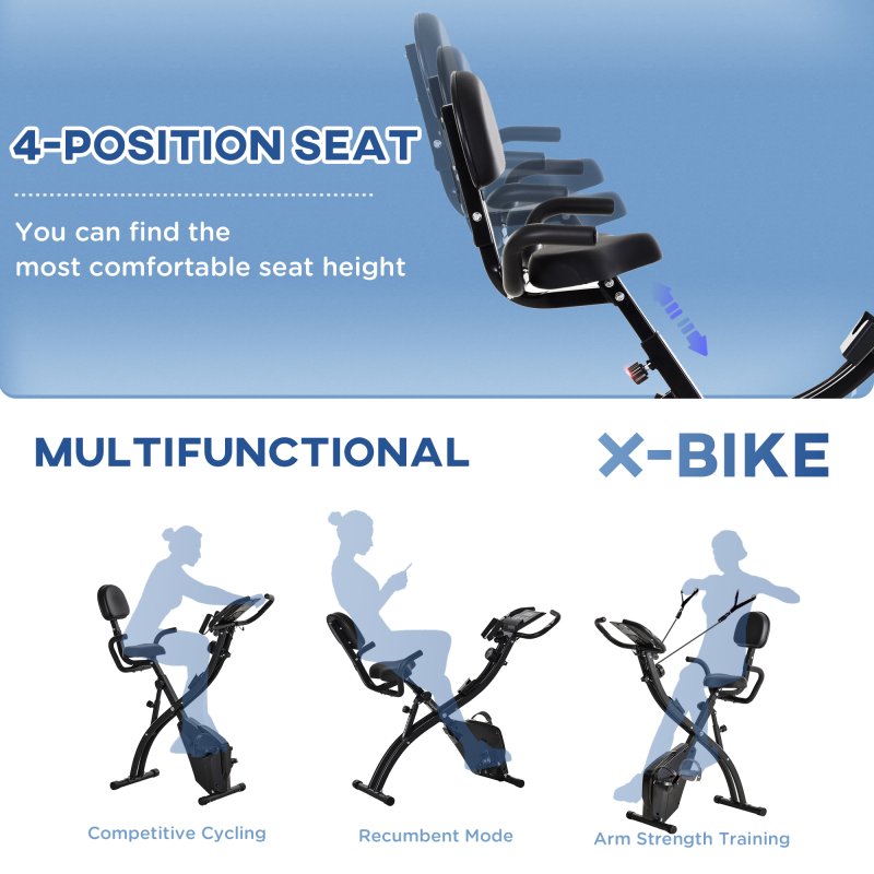 HOMCOM 2-in-1 Folding Exercise Bike, Foldable Stationary Bike with 8-Level Adjustable Magnetic Resistance, Arm Resistance Band, Pulse Sensor and LCD Monitor, Black