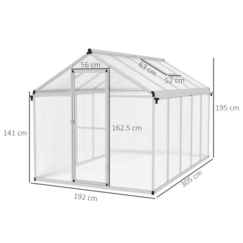 Outsunny 6 x 10ft Polycarbonate Greenhouse with Rain Gutters, Large Walk-In Green House with Door and Window, Garden Plants Grow House with Aluminium Frame and Foundation