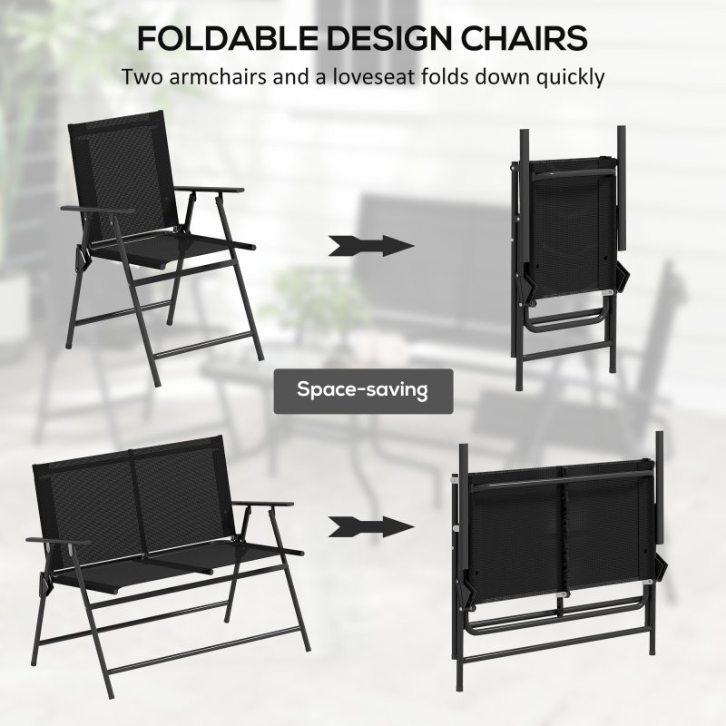 Outsunny Outdoor 4 Pieces Patio Furniture Set with Breathable Mesh Fabric Seat & Backrest, Garden Set with Two Foldable Armchairs, a Loveseat & Glass Top Table, Black
