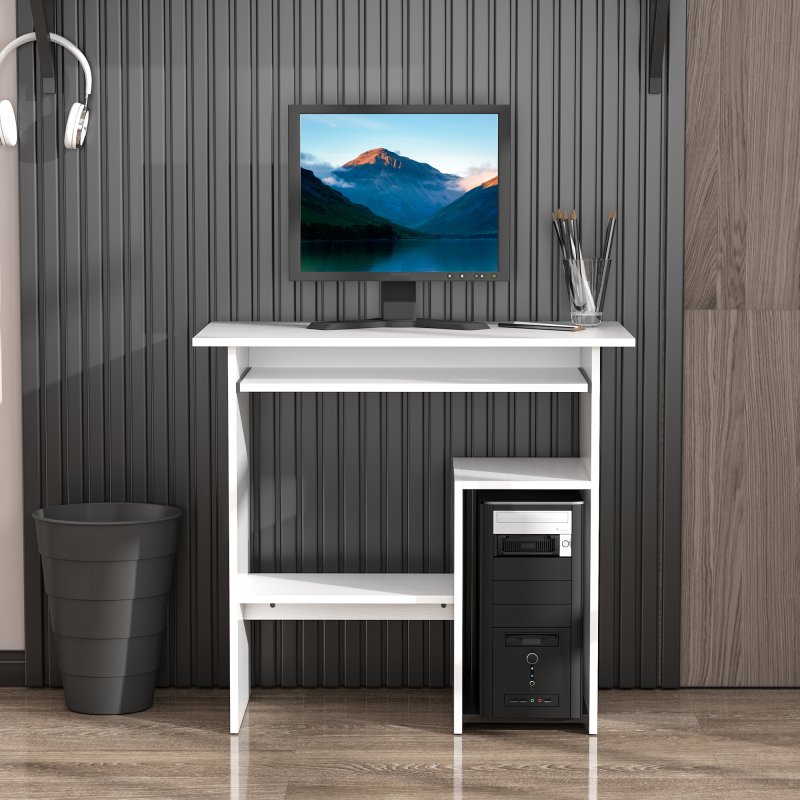 HOMCOM Compact Small Computer Table Wooden Desk Keyboard Tray Storage Shelf Modern Corner Table Home Office