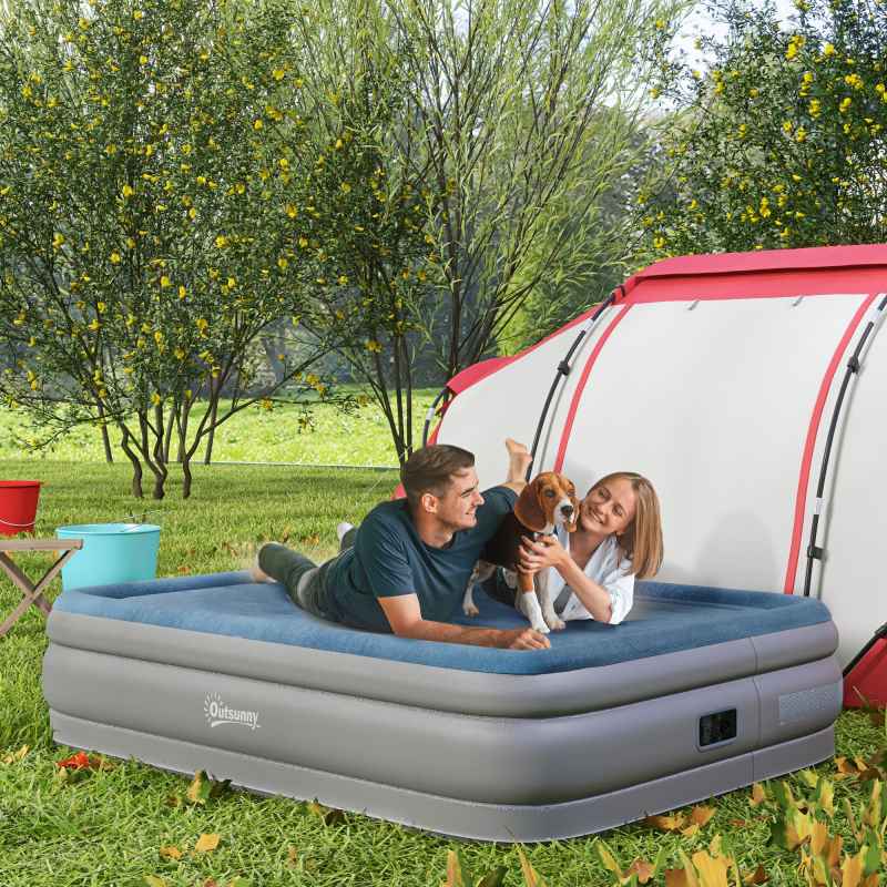 Outsunny King Size Air Bed with Built-in Pump, Inflatable Mattress with Carry Bag, Flocked Surface, Blow Up Airbed for Guest, Camping, Travel, 203 x 152 x 46cm, Blue and Grey