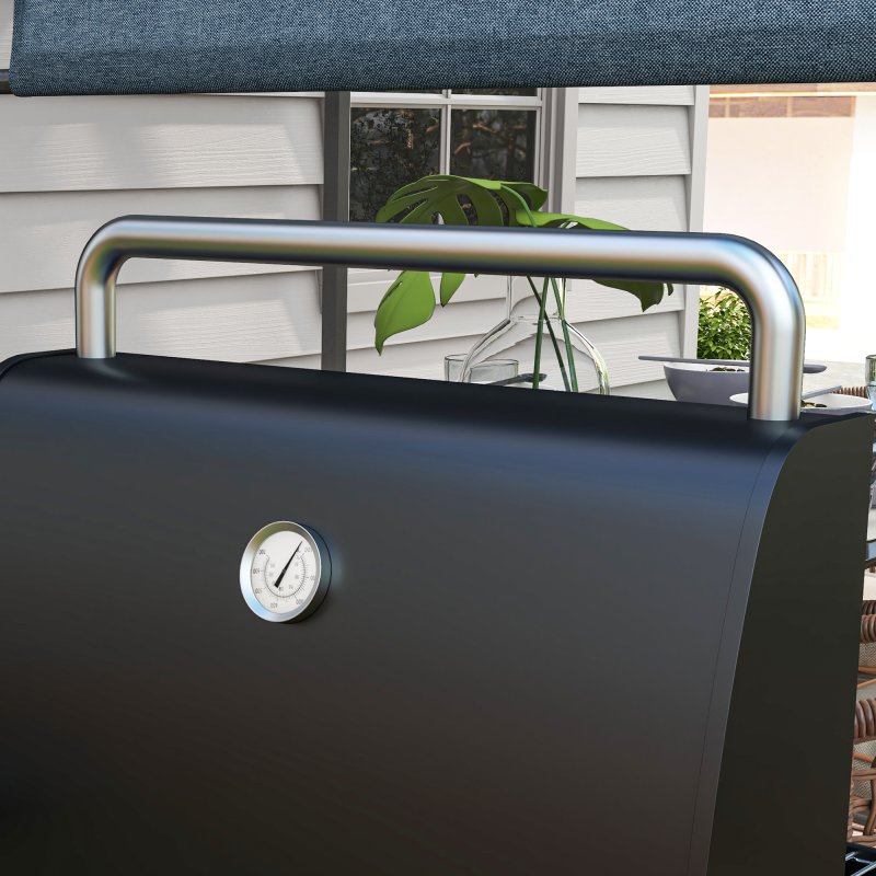 Outsunny Charcoal Barbecue Grill with Shelves, Portable BBQ Trolley Smoker with Wheels, Lid, Thermometer, Chimney for Outdoor Garden Party Cooking, Black