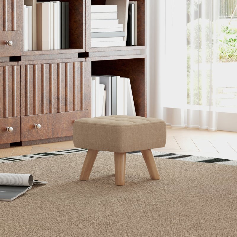 HOMCOM Modern Tufted Footstool, Fabric Foot Stool with Rubber Wood Legs, Padded Seat, for Living Room, Bedroom, Entryway