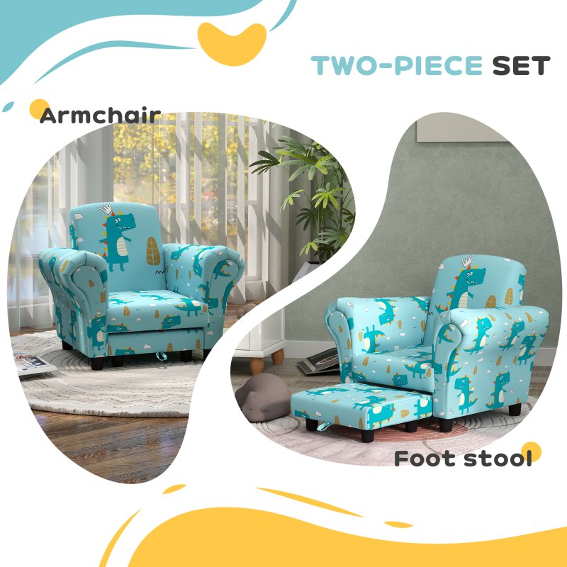 AIYAPLAY Kids Armchair with Stool, 2 Piece Kids Sofa Set with Dinosaur Design, Wooden Frame, Upholstered Kids Chair for Bedroom, Playroom, Kid Room, for 1.5-3 Years Old, Blue