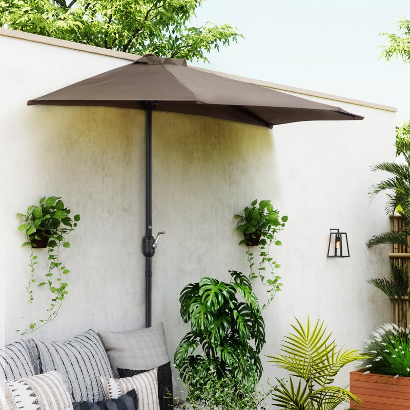 Outsunny 2.7m Garden Half Parasol, Outdoor Balcony Umbrella with 5 Steel Ribs, Patio Sun Shade, Brown