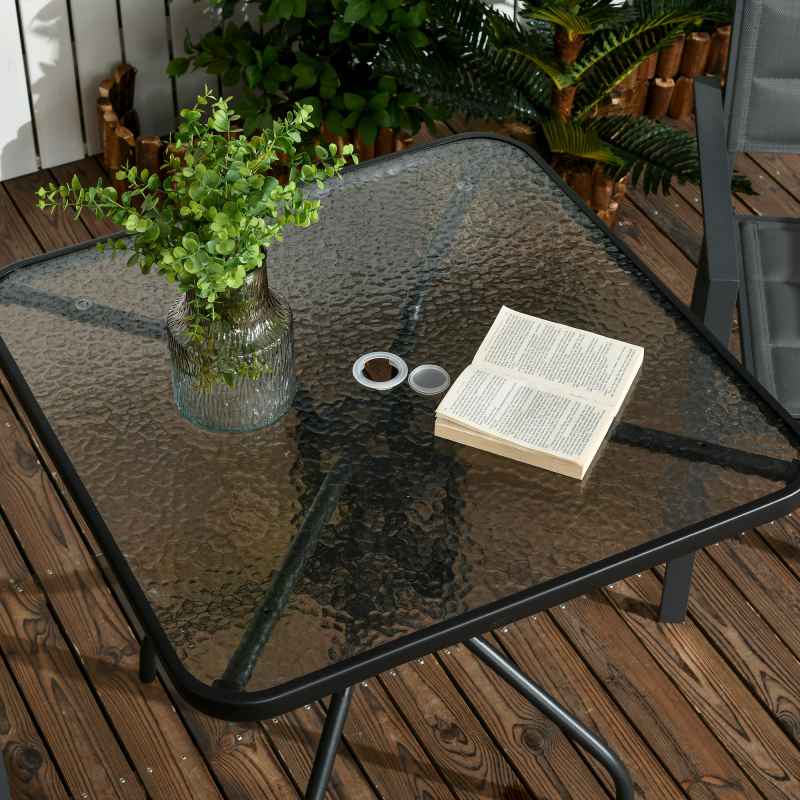 Outsunny 76 cm Square Dining Table with Parasol Hole, Outdoor Coffee End Side Table with Tempered Glass Top, Steel Frame for Garden, Patio, Black