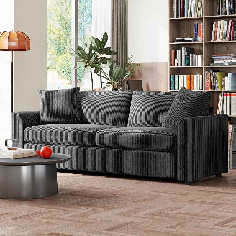 HOMCOM Modern 3 Seater Sofa with Spring Cushion, 212 cm Fabric Jumbo Cord Sofa Couch with 2 Scatter Cushions, Upholstered Corduroy Settee for Living Room, Bedroom, Home Office, Grey