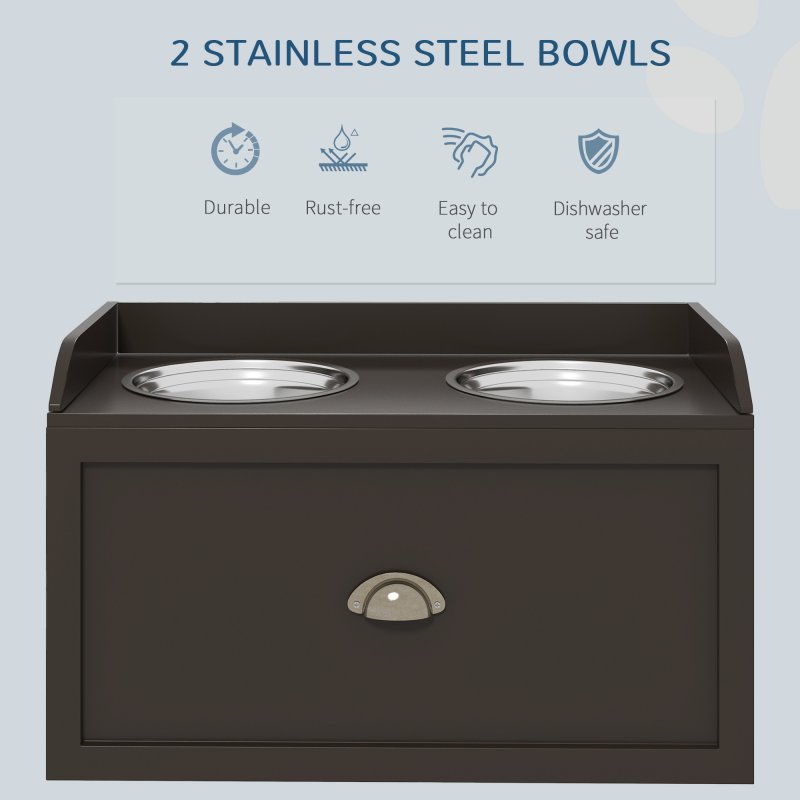 PawHut Stainless Steel Raised Dog Bowls, Double Dog Food and Water Bowl w/ 21L Storage Drawer, for Large Dogs - Brown