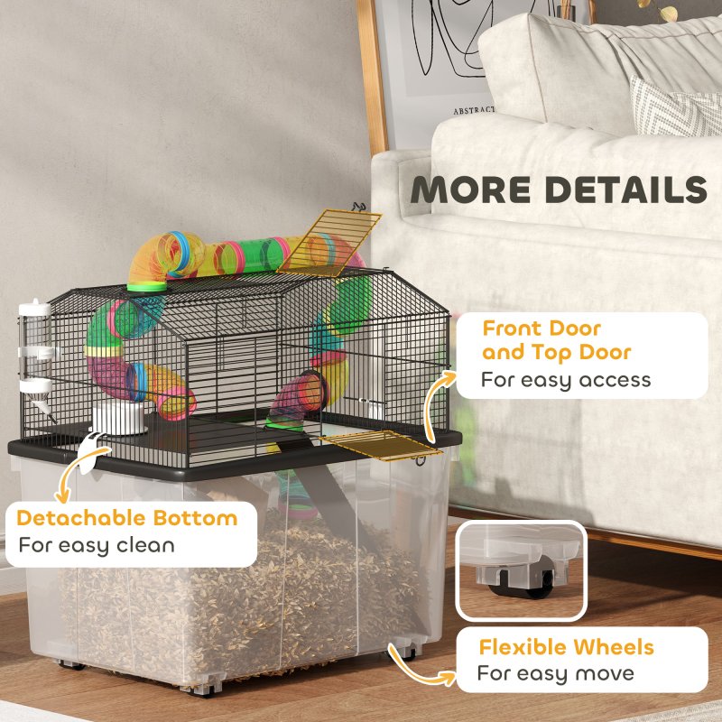 PawHut Hamster Cage, 2 Tier Gerbil Cage with 31cm Deep Tray, Tube System, Water Bottle, Ramp, Feeding Bowl, 58 x 43 x 57cm, Multicoloured