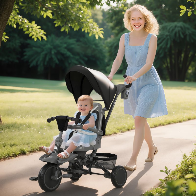 AIYAPLAY Kids Trike, 6 in 1 Toddler Tricycle with Adjustable Parent Handle & Canopy, Convertible Seat, for Ages 1-5 Years, Foldable Baby Trike with Safety Harness, Storage Basket & Bag, Black